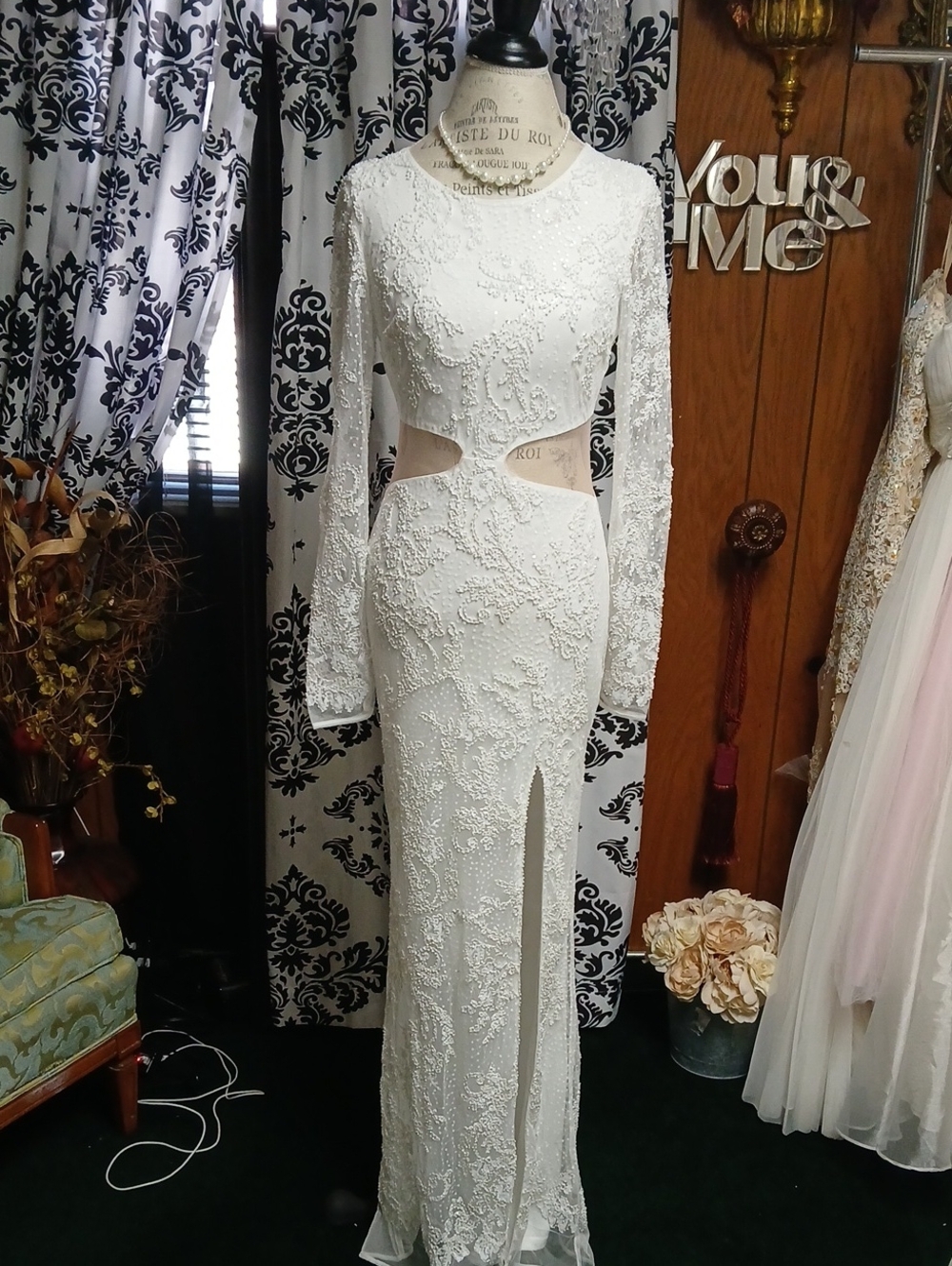 Fashion Nova White Long-Sleeve Lace Cutout Gown